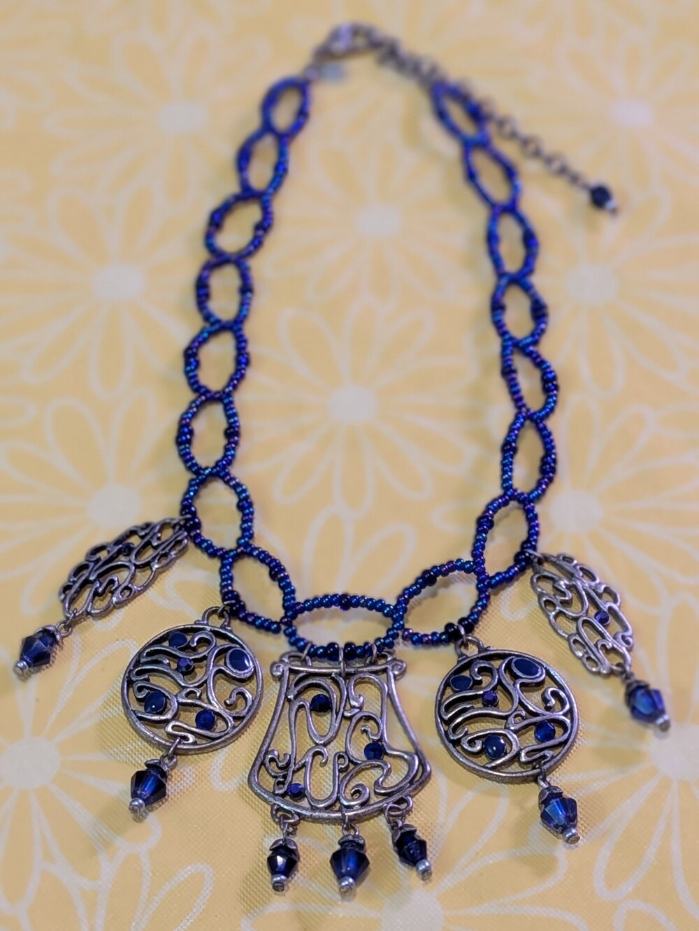 Vintage Chico's Blue Beaded Filigree Statement Necklace
